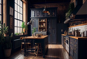 Fototapeta na wymiar Side view on a wooden table and spacious industrial loft kitchen with vintage decor and black cabinets. Generative AI
