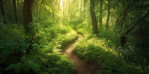 Winding path in a green sunlit forest. Generative AI illustration