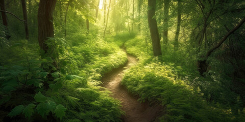 Obraz premium Winding path in a green sunlit forest. Generative AI illustration