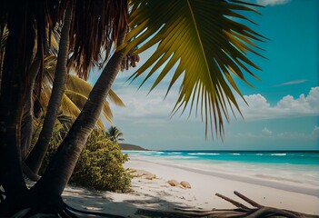 beach in a tropical island paradise Beautiful Caribbean landscape, nature, blue sea wave, ocean water, green coconut palm tree leaves, yellow sand, sun, sky, and white clouds; summer. Generative AI