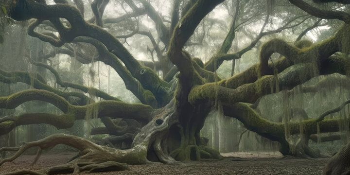 Dramatic huge ancient oak tree. Generative AI illustration