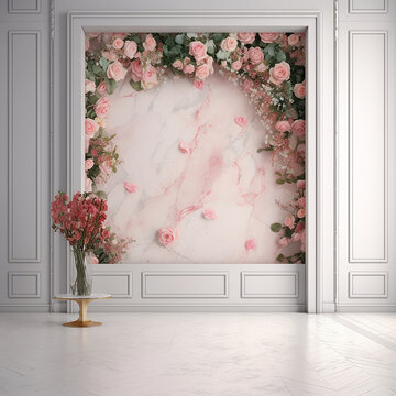 stanza romantica, con fiori, e tonalità rosa, mock up romanstico, 3d render, ideale per sovrapposizione fotografica, colori pastello, 