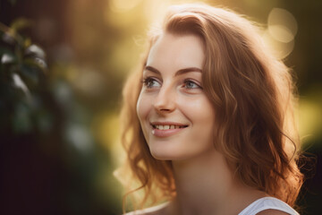Obraz premium Natural beauty of a woman with a gentle smile and soft lighting in a peaceful setting, generative ai