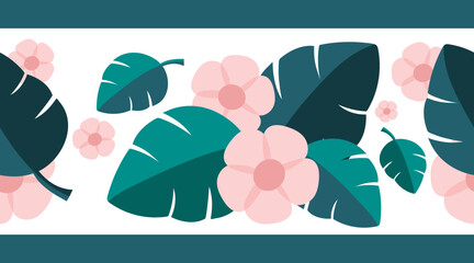Composition of pink flowers and exotic green leaves on a white background. Seamless border. Floral vector illustration for decoration packaging, fabric, paper.