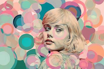 Playful Op Art Portrait of a Woman with Bubble Patterns and Pastel Colors, generative ai