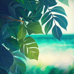 Summer background with green tropical leaves and sea, Generative AI