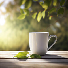 White mug standing on wooden table with green leaves, blurry background with summer foliage, Generative AI