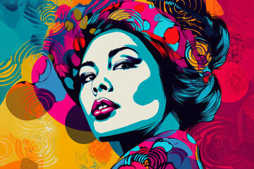 Pop Art Portrait of a Glamorous Woman with Bold Colors and Dynamic Patterns, generative ai