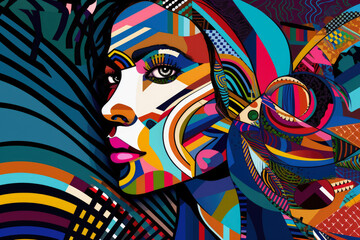 Pop Art Futuristic Portrait of a Woman with Bold Colors and Graphic Patterns, generative ai