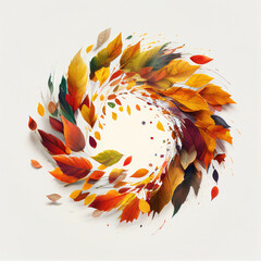 Autumn leaves shaped in a circle on white background, Generative AI