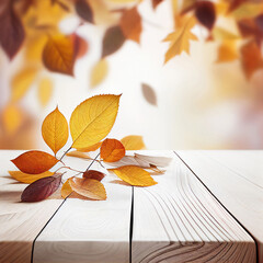 Wooden tabletop with autumn leaves, blurry sunny autumn background, Generative AI