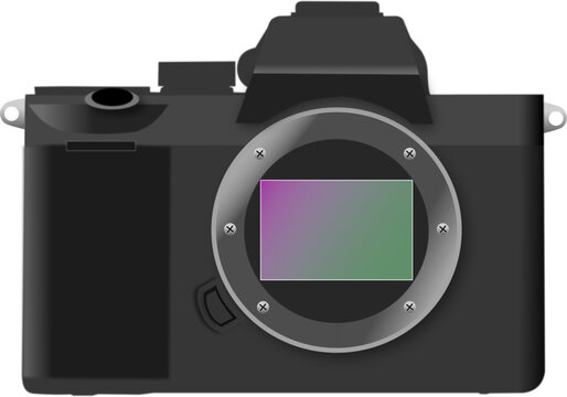 Full frame mirrorless photo camera without objective with visible sensor. Illustration made April 6th, 2023, Zurich, Switzerland.