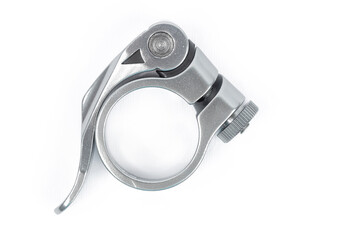 Close up of bike seat post clamp isolated on white background. Cycling equipment.