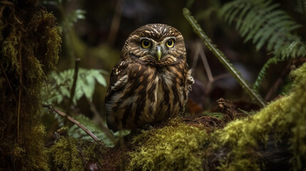 A cute little owl in a mossy forest