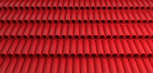 Stack of red pvc pipes. Industrial storage background. 3D rendered image.