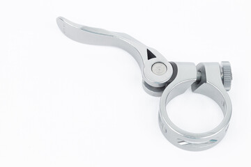 Close up of bike seat post clamp isolated on white background. Cycling equipment.