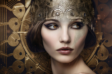 Portrait of a beautiful woman in Art Deco style, with intricate patterns and metallic textures surrounding her face and accentuating her natural beauty'', generative ai
