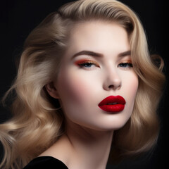 Fototapeta premium Portrait of a Classic Hollywood Beauty with Blonde Hair and Red Lipstick, generative ai