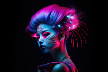 Fototapeta premium Portrait of a Graceful Futuristic Geisha with Glowing Neon Hair and a Haunting Expression, generative ai