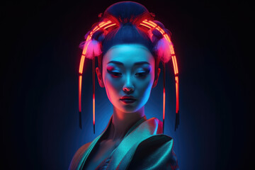 Naklejka na ściany i meble Portrait of a Graceful Futuristic Geisha with Glowing Neon Hair and a Haunting Expression, generative ai