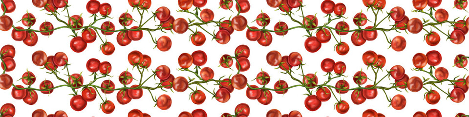 Seamless hand drawn pattern with cherry tomatoes. Vegetable background for textiles, fabrics, banner, wrapping paper, and other designs. Digital illustration on white background