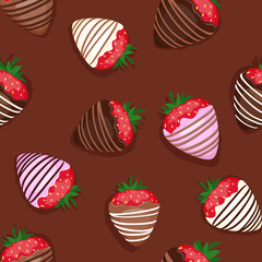 Seamless vector pattern with red chocolate covered strawberries on a brown background in a flat style. Perfect for print, wrapping paper, wallpaper, fabric, gift design.