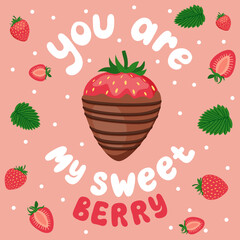 Vector postcard with strawberries in chocolate and the inscription 