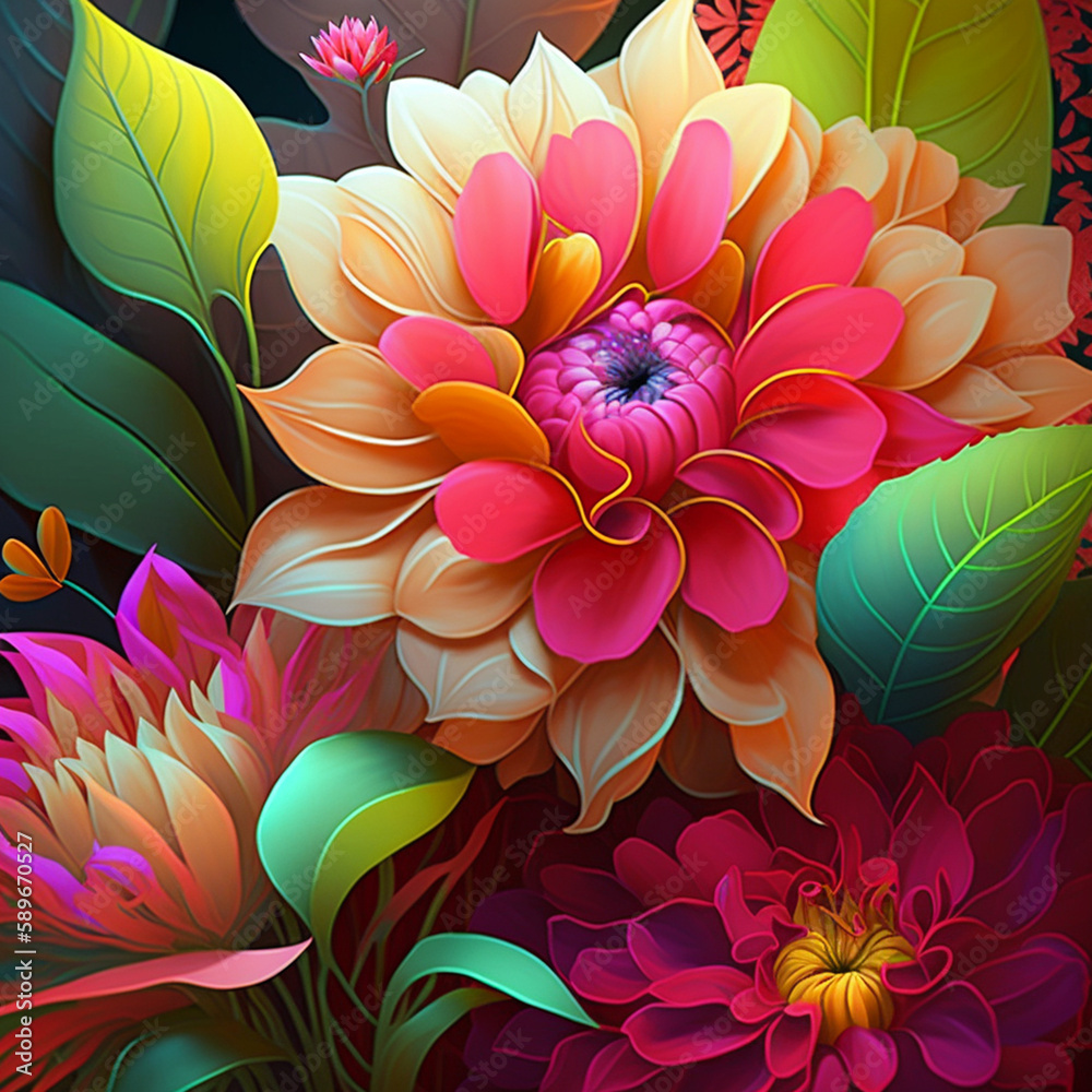 Wall mural original floral vibrant design with exotic flowers and tropic leaves. colorful flowers on dark backg