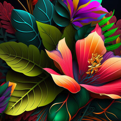 Original floral vibrant design with exotic flowers and tropic leaves. Colorful flowers on dark background.