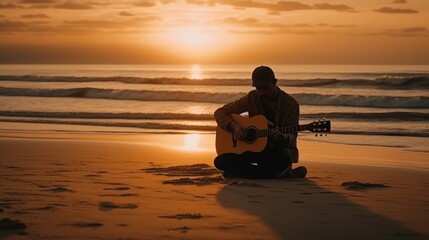 Fototapeta na wymiar Relaxed man playing guitar on the beach with a beautiful sunset in the background. Generative AI.