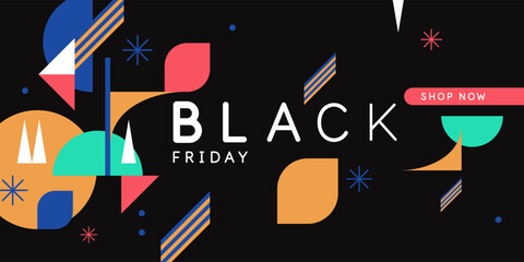 Black Friday poster. Bright abstract background with geometric elements. A composition of various shapes.