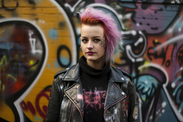Fototapeta na wymiar Portrait of a rebellious space punk woman with colorful hair, piercings, and a leather jacket, standing in front of a graffiti-covered spaceship, generative ai