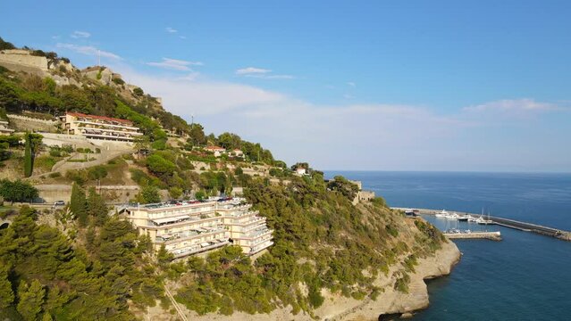 Aerial Tour of Ligurian Mountains and Coastal Town in Italy