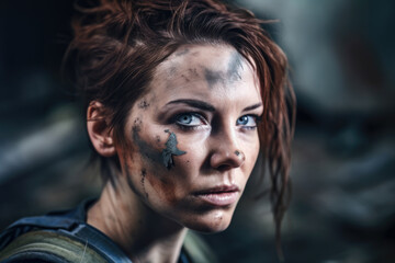 Fototapeta premium Portrait of a Tough and Resilient Post-Apocalyptic Survivor Woman with a Scar on Her Cheek, generative ai