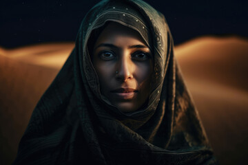 Portrait of a veiled Arabian woman with a serene expression in a moonlit desert oasis, generative ai