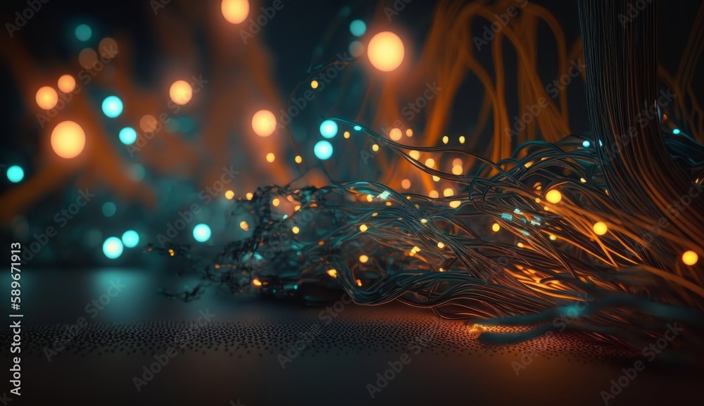 Poster Data background of wires and glowing particles. Generative ai