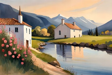 Watercolor painting of Spain village