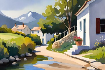 Watercolor painting of Spain village