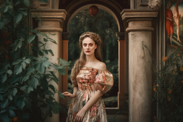 Portrait of a woman in a renaissance style, set in a beautiful garden with classical architecture and ornate clothing'', generative ai