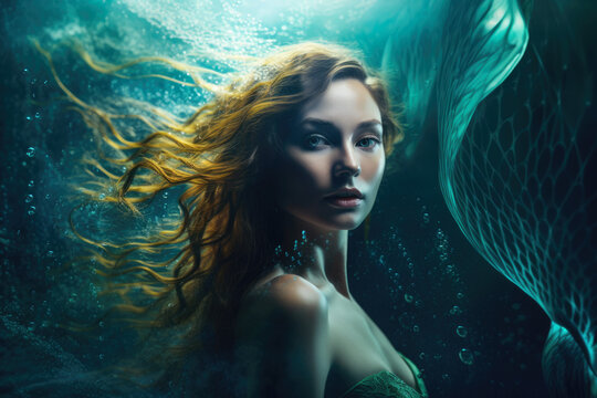 Portrait of a woman in a mermaid-like underwater scene with flowing hair and a shimmering tail, generative ai