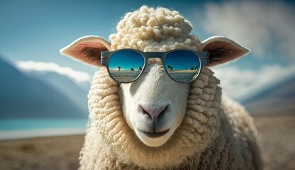 Fototapeta premium Funny sheep wearing sunglasses ceated with generative AI technology. Generative ai