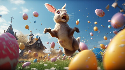 happy Easter bunny jumping with joy with many eggs; generative AI