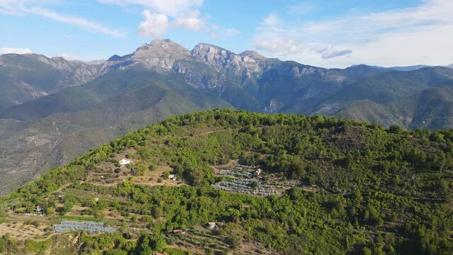 Drone's Eye View of Lush Green Mountains in Liguria, Italy
