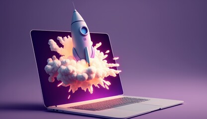 Laptop and rocket illustration, purple background. Generative AI