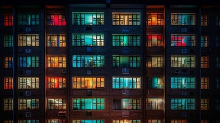 Building facade with the windows lighted in different colors, generative AI