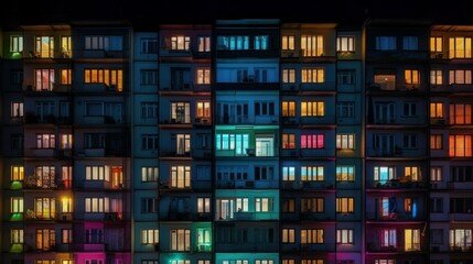 Fototapeta na wymiar Building facade with the windows lighted in different colors, generative AI