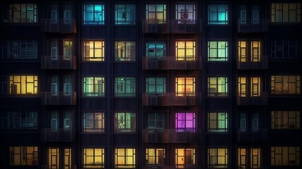 Building facade with the windows lighted in different colors, generative AI