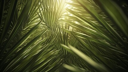 Green palm leaves tropical background. Illustration AI Generative