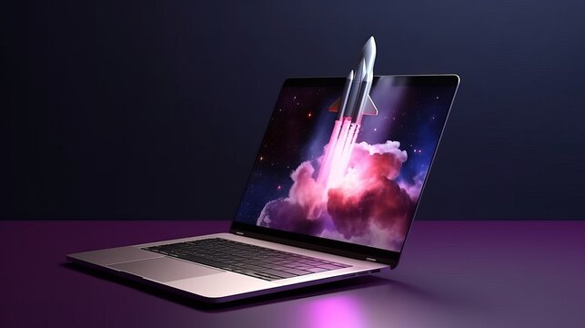 Laptop and rocket illustration, purple background. Generative AI