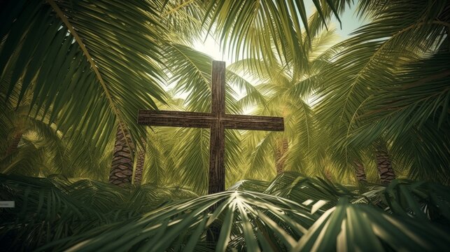 For Palm Sunday and Easter Day celebrations, an image of a cross made of palms and leaves is often seen. AI generation